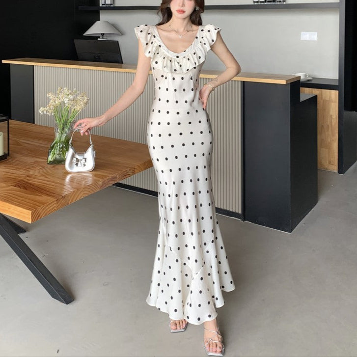 Temperament Waist-controlled Summer Ruffles Backless Polka Dot Dress Women