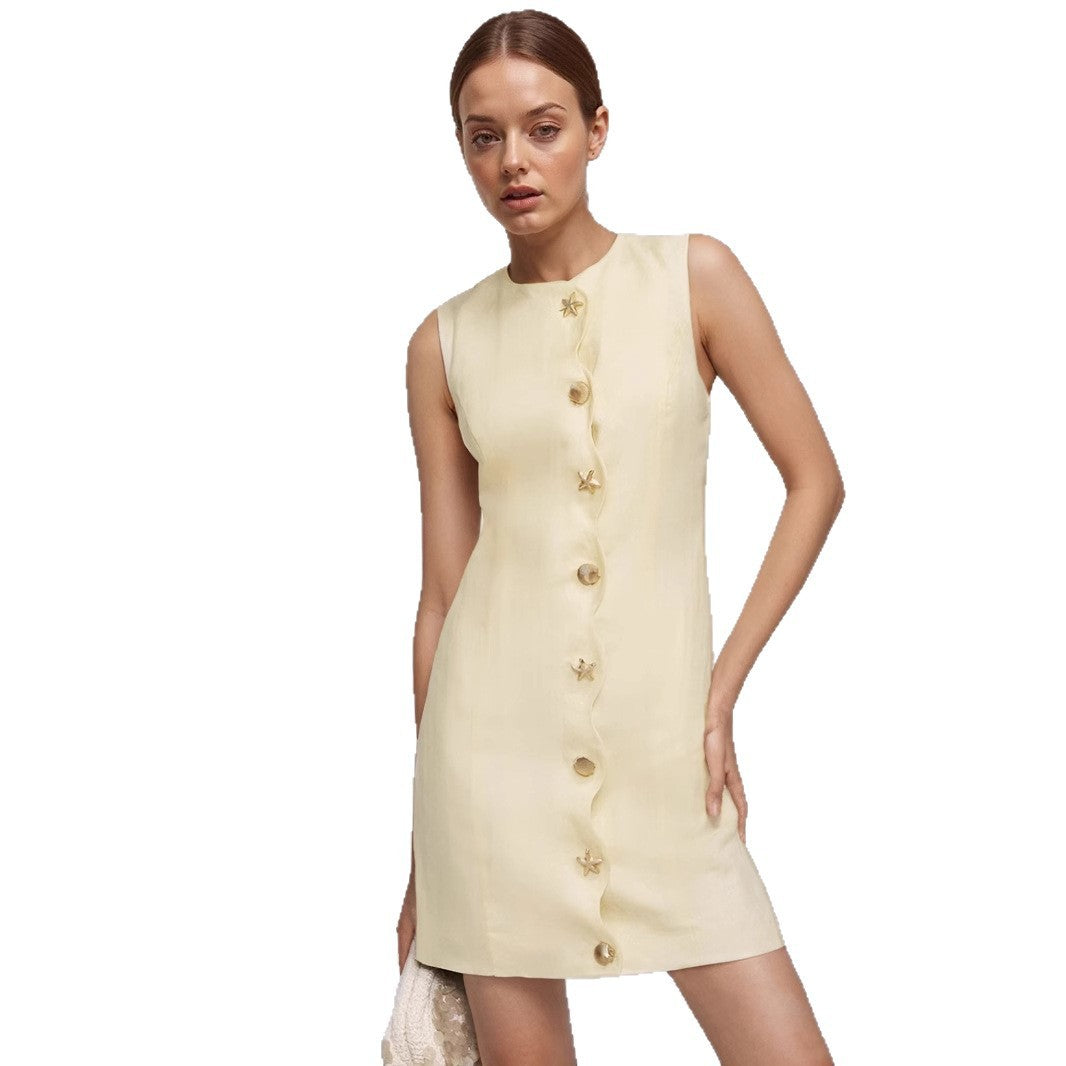 Intellectual Elegant Mini Skirt Summer Slim-fit Buttoned Sleeveless Socialite Skirt