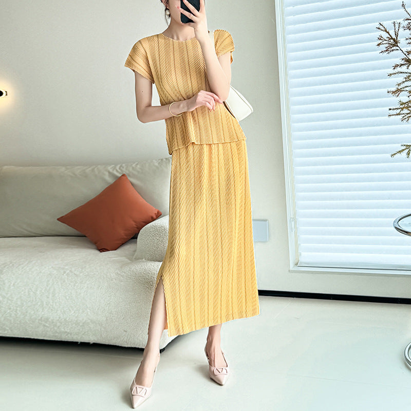 Pullover Round Neck Short Sleeve Scale Peplum Top Versatile Split Long Dress Skirt Suit