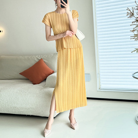 Pullover Round Neck Short Sleeve Scale Peplum Top Versatile Split Long Dress Skirt Suit