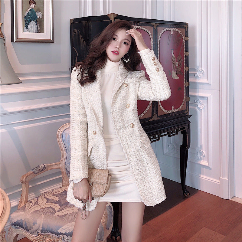 Double-breasted Tweed Suit Collar Jacket Slim Fashion Autumn And Winter Korean Style Top Trend