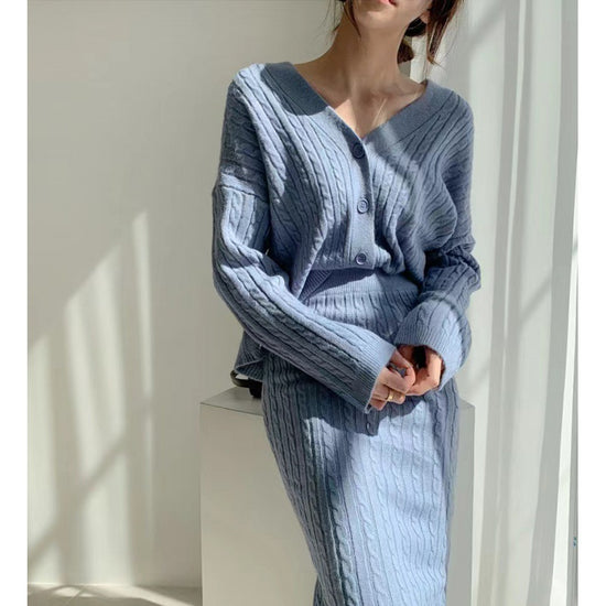 V-neck Hemp Pattern Knitted Cardigan Sweater High Waist Sheath Skirt