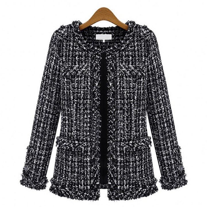 Autumn And Winter Popular Black And White Plaid Tweed Plus Size Women's Jacket