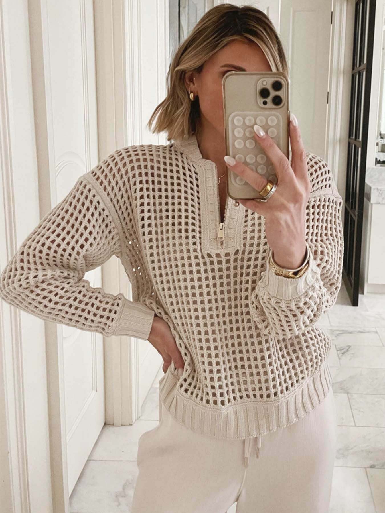 Fashion Women's Wear Pullover Zipper Half Cardigan Hollow Out Sweater