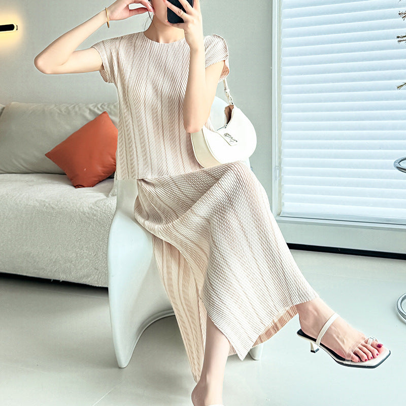 Pullover Round Neck Short Sleeve Scale Peplum Top Versatile Split Long Dress Skirt Suit