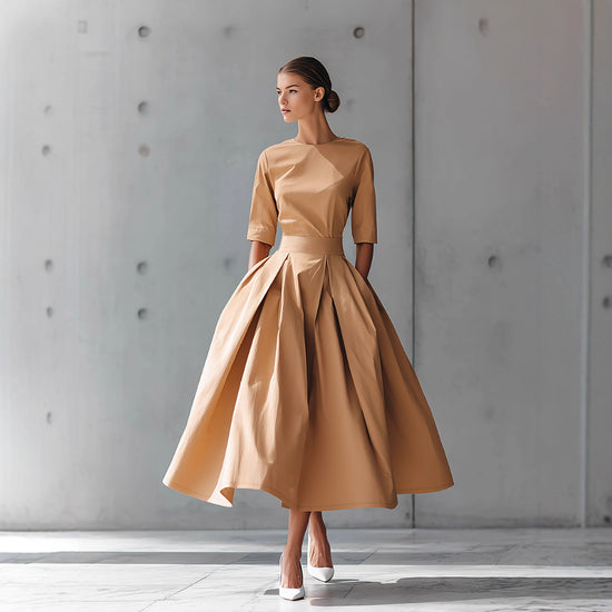 Fashionable Casual Elegant Personality Design Three-quarter Sleeve A-line Solid Color Dress