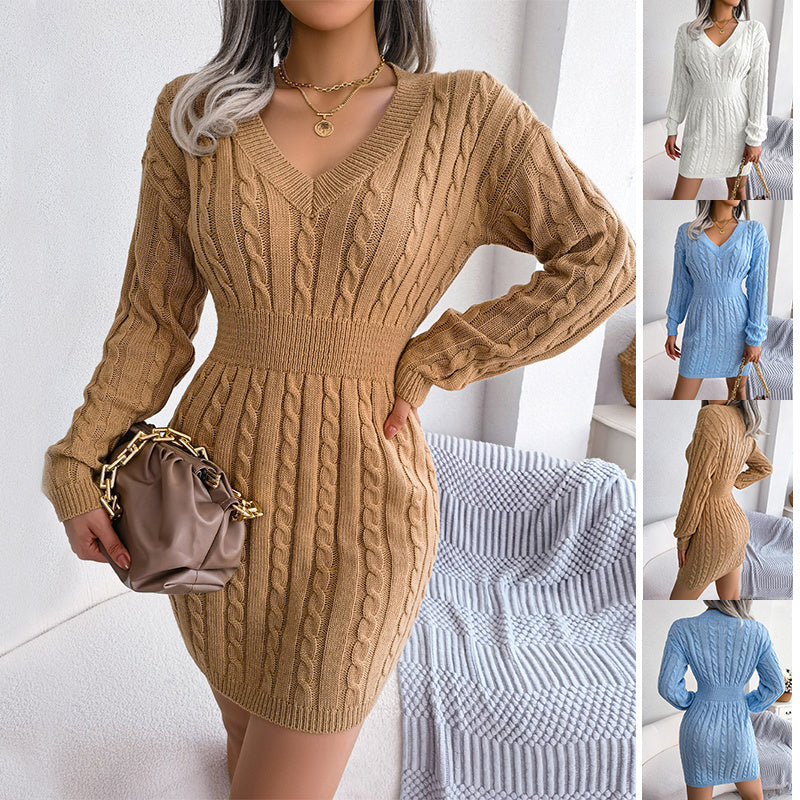 Solid Color V-Neck Long Sleeve Knit Dress Womens Clothing