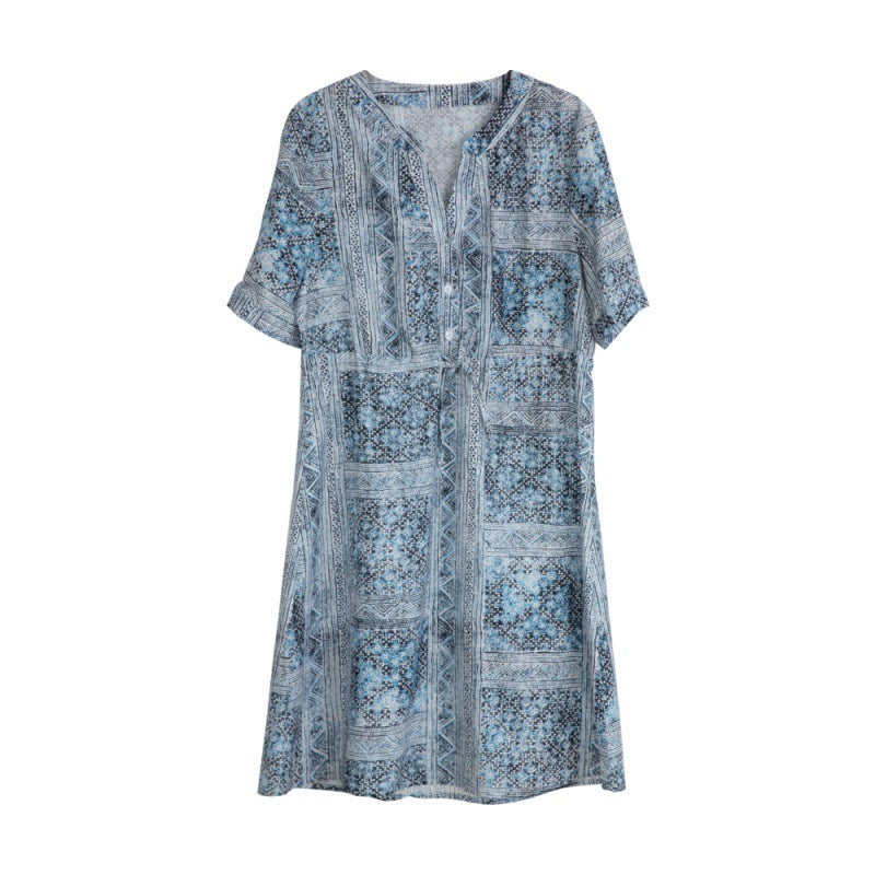 Ethnic Style Lace-up Waist Trimming Short-sleeved Dress