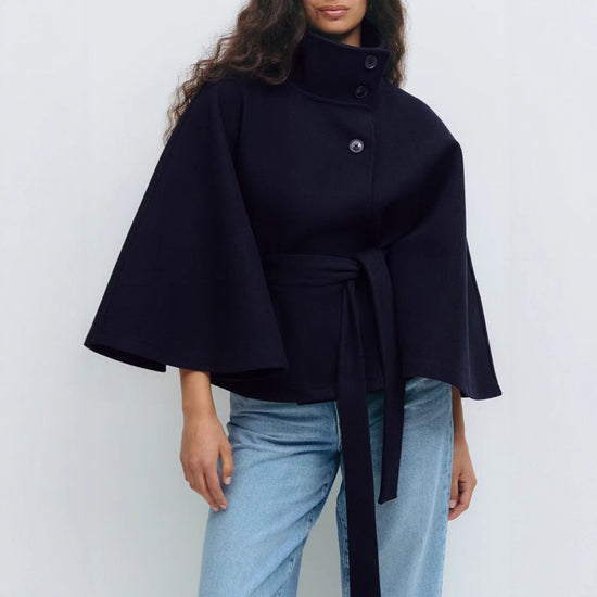 Women's Autumn And Winter New Solid Color Cloak Stand Collar Button Belt Trench Coat