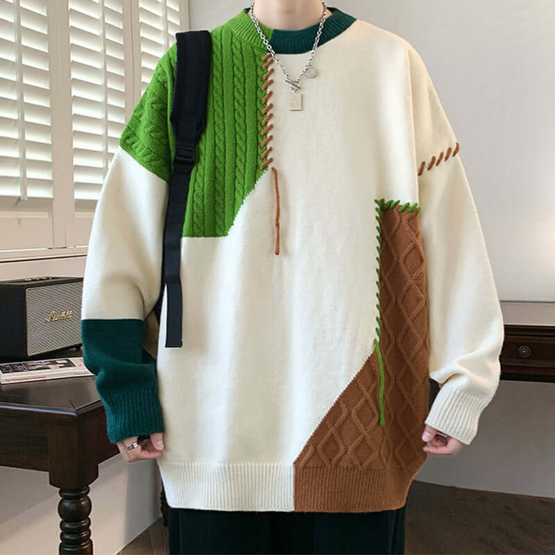 Colorblock Pullover Sweater Winter Fashion Long Sleeve Top Men's Clothing - Overview: Unique design, stylish and beautiful. Good material, comfortable wear. A variety of colors, any choice. Product information: Color: green, orange, gray Suitable for peop