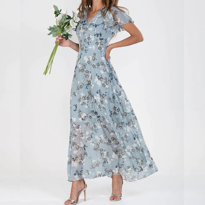 Temperament Commute Slimming V-neck Short Sleeve Printed Waist-controlled Dress