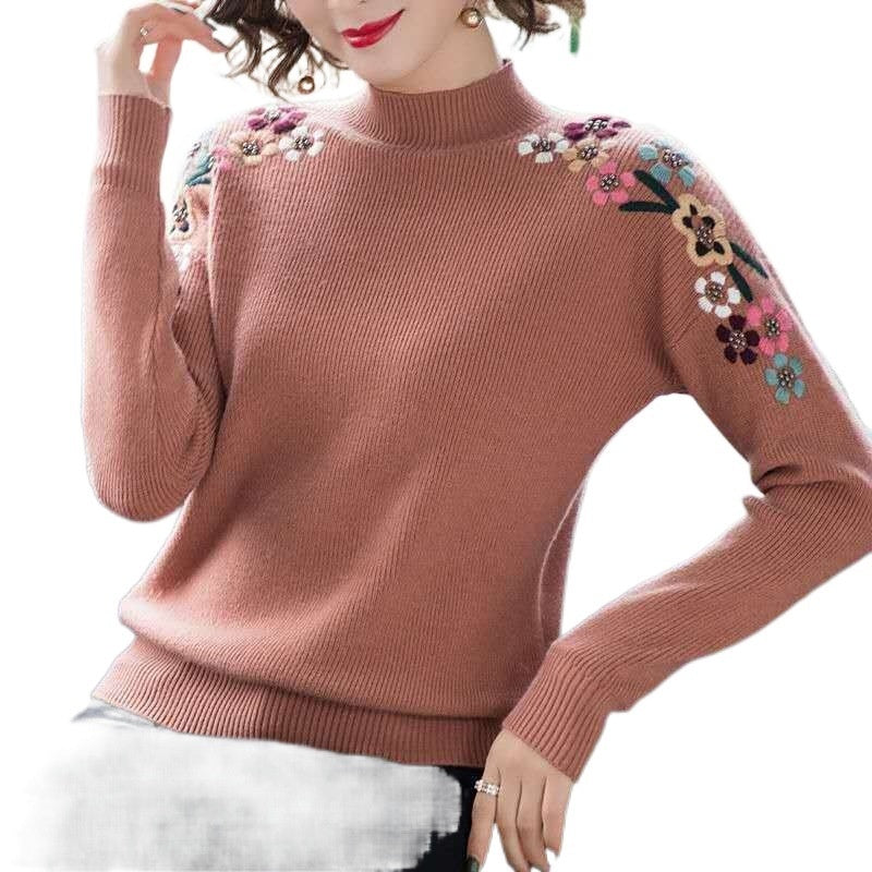 Popular Embroidery Women's New Loose High Collar Bottoming Shirt