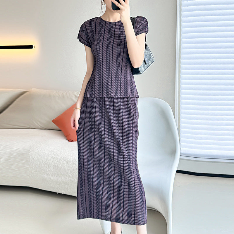 Pullover Round Neck Short Sleeve Scale Peplum Top Versatile Split Long Dress Skirt Suit