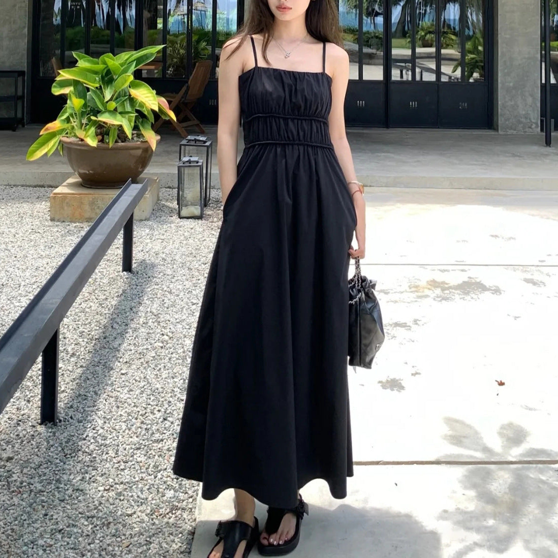 Wrapped Chest Strap Dress Cotton Blended Mid-length