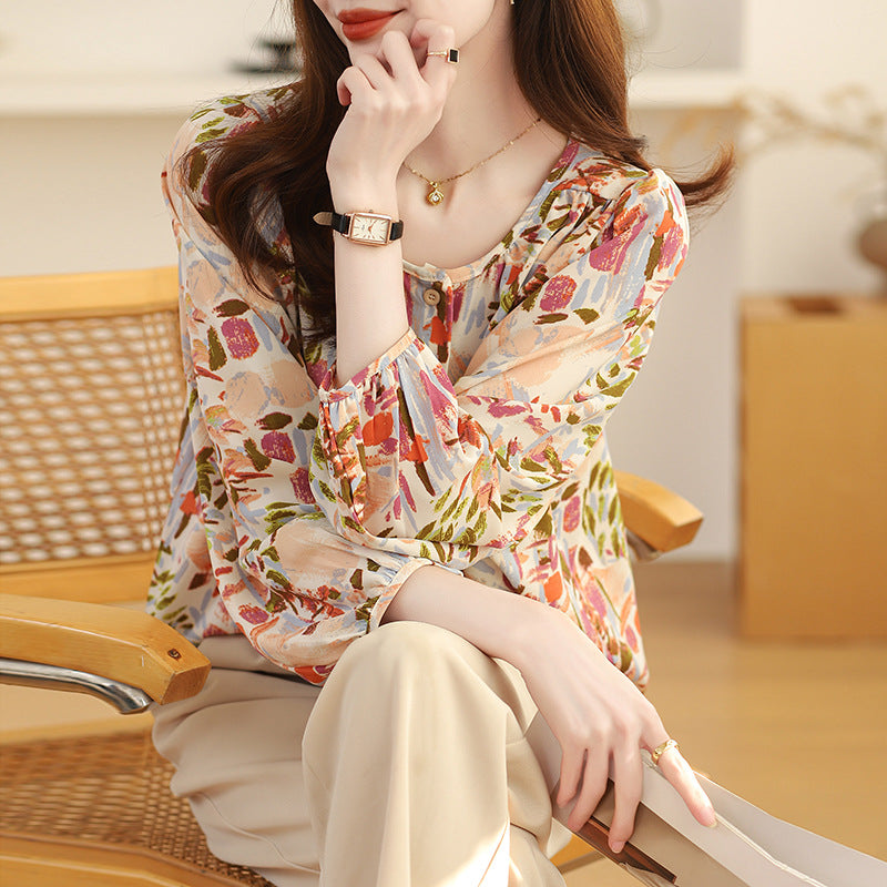Real Shot French Style Vintage Floral Nine-quarter Sleeve Shirt For Women
