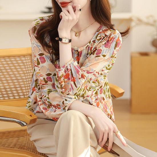 Real Shot French Style Vintage Floral Nine-quarter Sleeve Shirt For Women