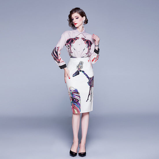 2 Piece Skirt Set Women Print Elegant Blouse Shirt
