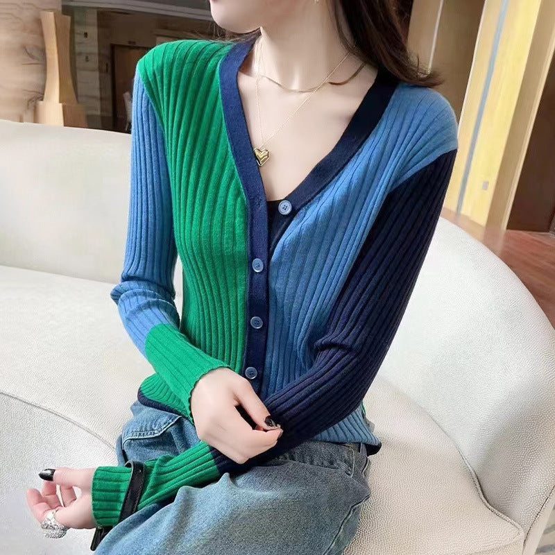 Fashion Special Multicolor V-neck Knitted Cardigan Women
