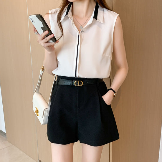 Contrast Color Waistcoat Shirt Women's Outer Wear Shirt Sleeveless Chiffon Comfort And Casual Top