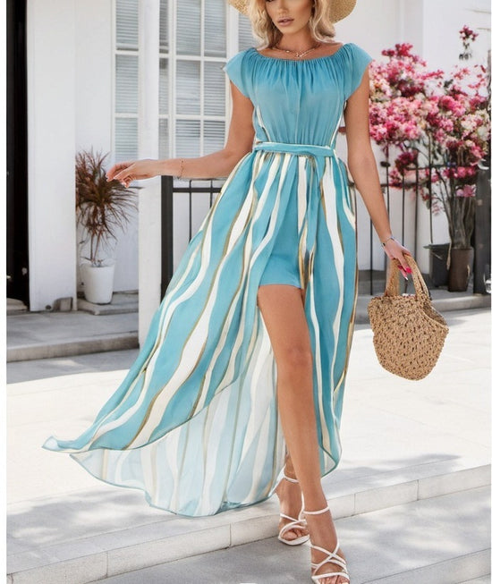 Zebra Pattern Off-the-shoulder Waist Trimming Short-sleeved Shorts Dress