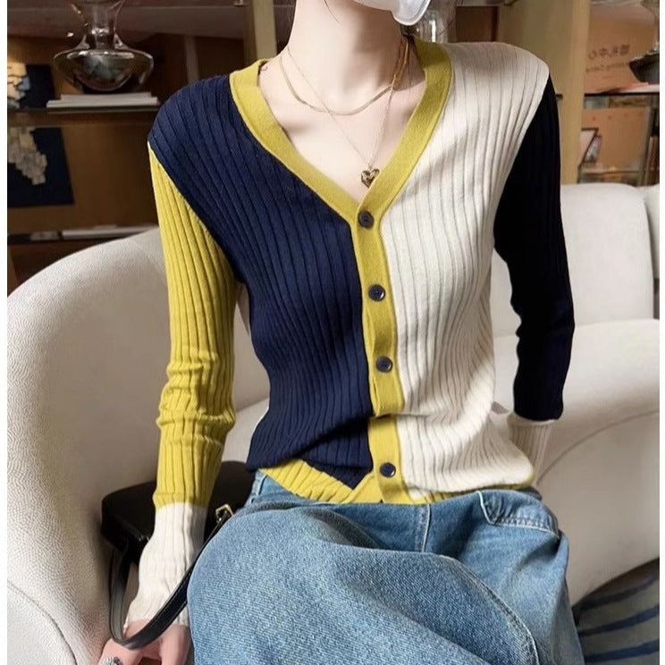 Fashion Special Multicolor V-neck Knitted Cardigan Women