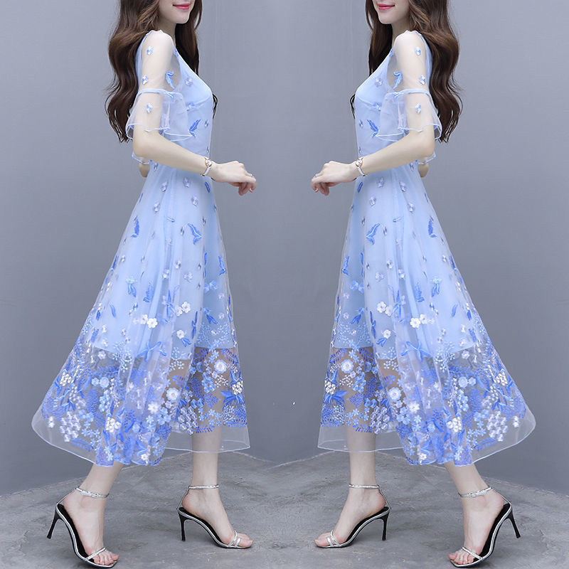 Women's Printed Ruffle Sleeve Mid-length Dress