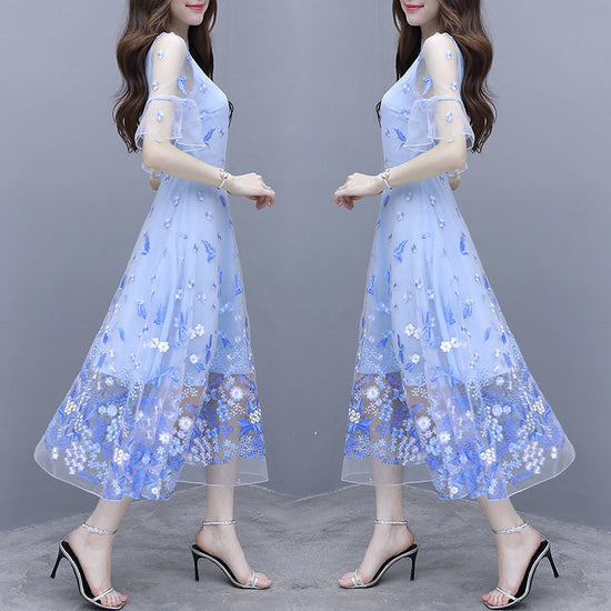 Women's Printed Ruffle Sleeve Mid-length Dress