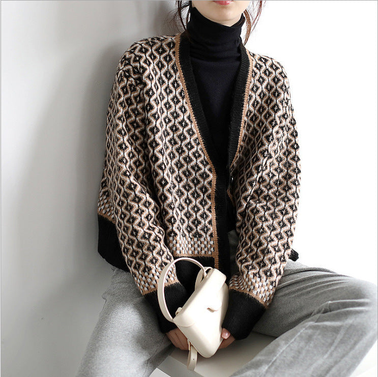 Contrasting Color V-Neck Diamond Knit Cardigan Women