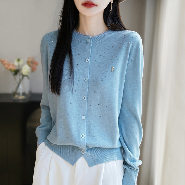 Wool Bear Rhinestone Cardigan Round Neck Long Sleeve Top