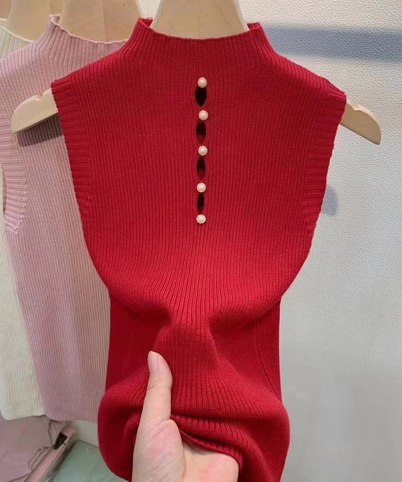 High-necked Decorative Button Sleeveless Knitwear Sexy Hot Girl Suit Base Vest Sweater Women - Product information: Pattern: solid color Color: white, gray, black, pink, red, khaki, apricot, Green Elastic: medium elastic Size: free size Style: slim fit St