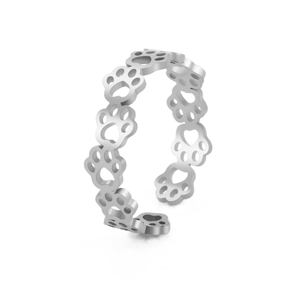 Stainless Steel Black Cut-out Cat's Paw Footprints Open Ring