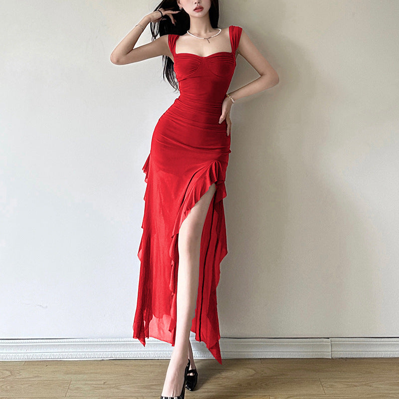 Spring New Women's Sexy Hot Girl Strap Tube Top Split Sheath Long Dress