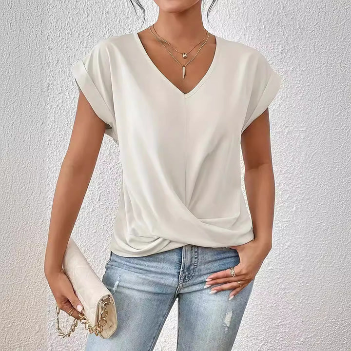 Solid Color V-neck T-shirt Elegant Short Sleeved Top For Spring And Summer Women's Clothing