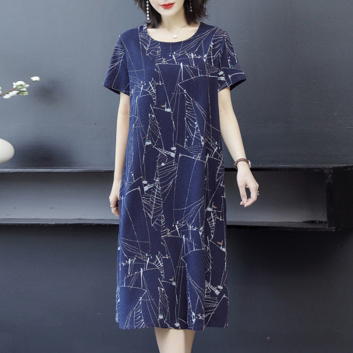 Round Neck Short Sleeve Printed Midi Skirt