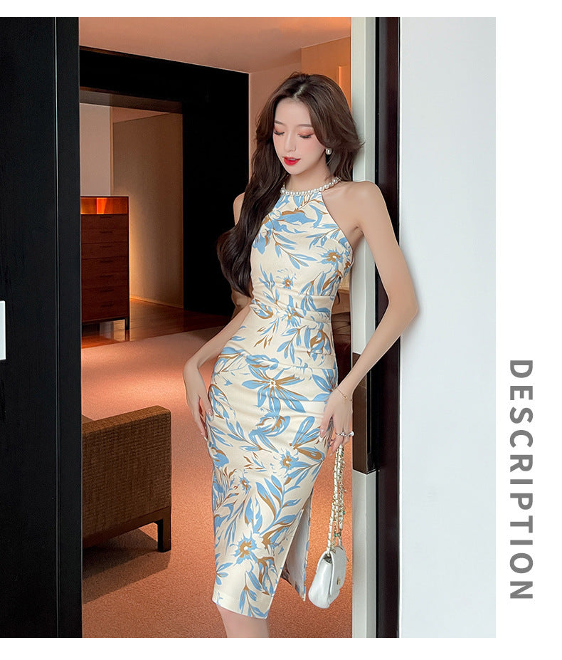 Women's Split Waist Fitted Floral Sleeveless Pearl Halter Dress