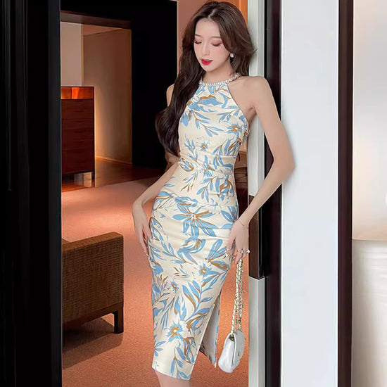Women's Split Waist Fitted Floral Sleeveless Pearl Halter Dress
