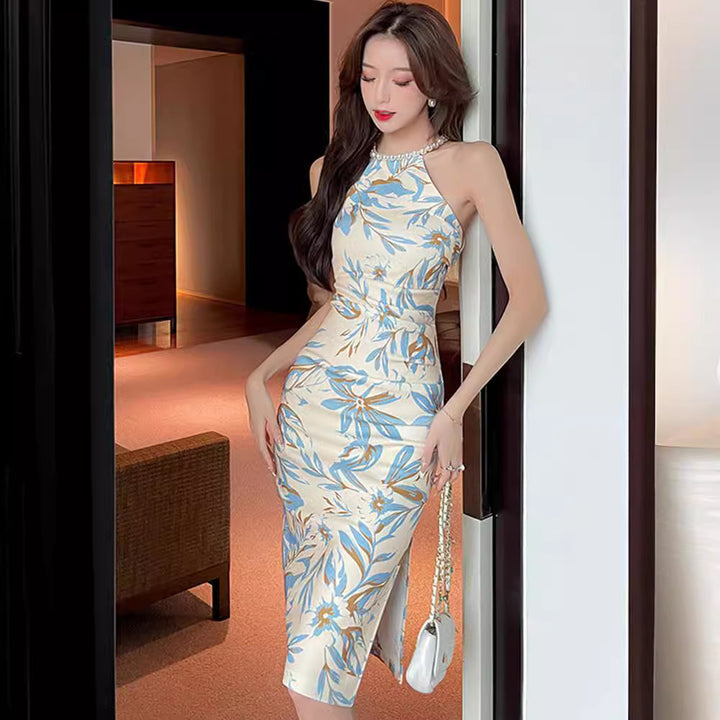 Women's Split Waist Fitted Floral Sleeveless Pearl Halter Dress