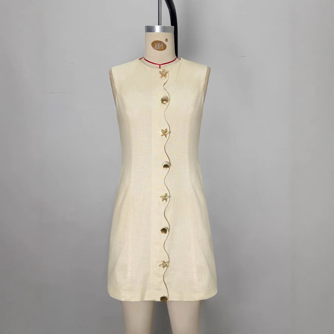 Intellectual Elegant Mini Skirt Summer Slim-fit Buttoned Sleeveless Socialite Skirt
