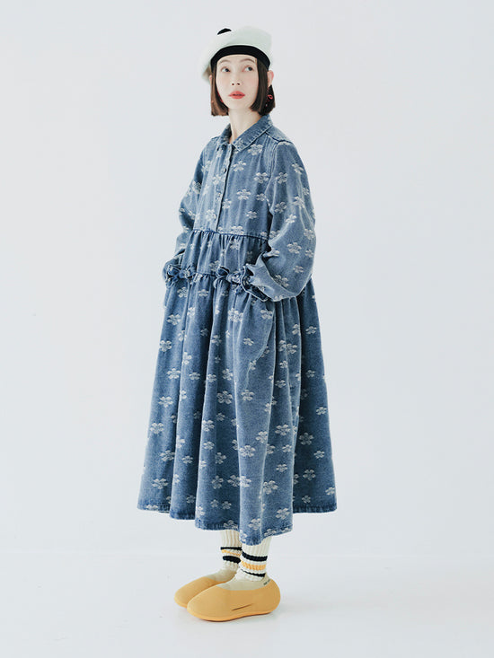 Early Autumn Jacquard Denim Dress Women's Medium Long Bow