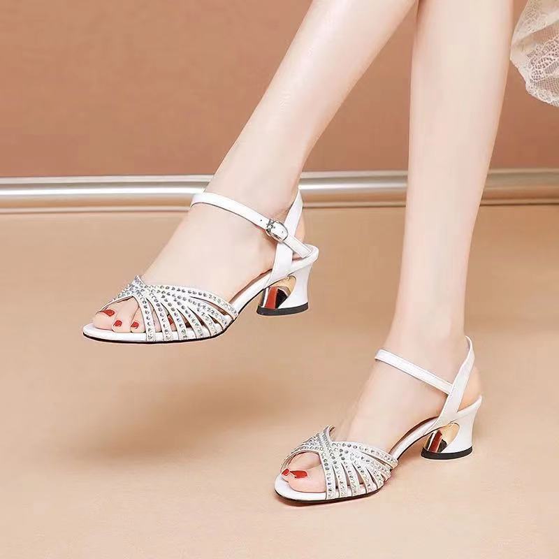 Summer New Fashion All-match One-word Buckle Mid-heel Women's Shoes