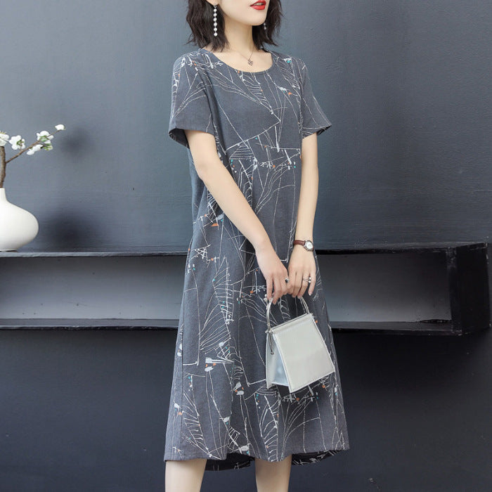 Round Neck Short Sleeve Printed Midi Skirt