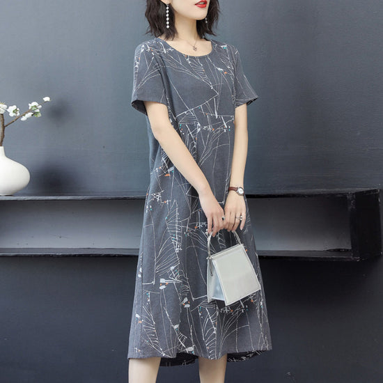 Round Neck Short Sleeve Printed Midi Skirt