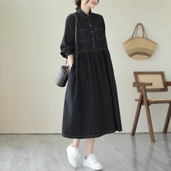 Anti-aging Long Sleeves Denim Mid-length Dress Casual Loose Pullover Doll Collar Denim Skirt