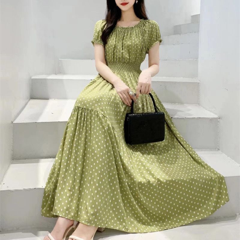 Cotton Silk Floral Korean Style Ladies Elegant Slim-fit Dress