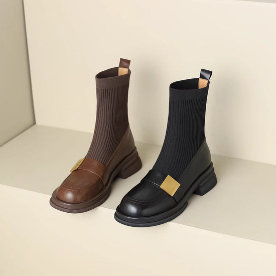 Knitted Stretch Chunky Heel Retro Women's Ankle Boots