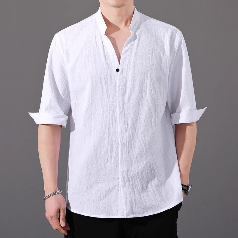 Cotton And Linen Short Sleeve Shirt Men's Large Size Linen Loose Trendy Men Half Sleeve Thin