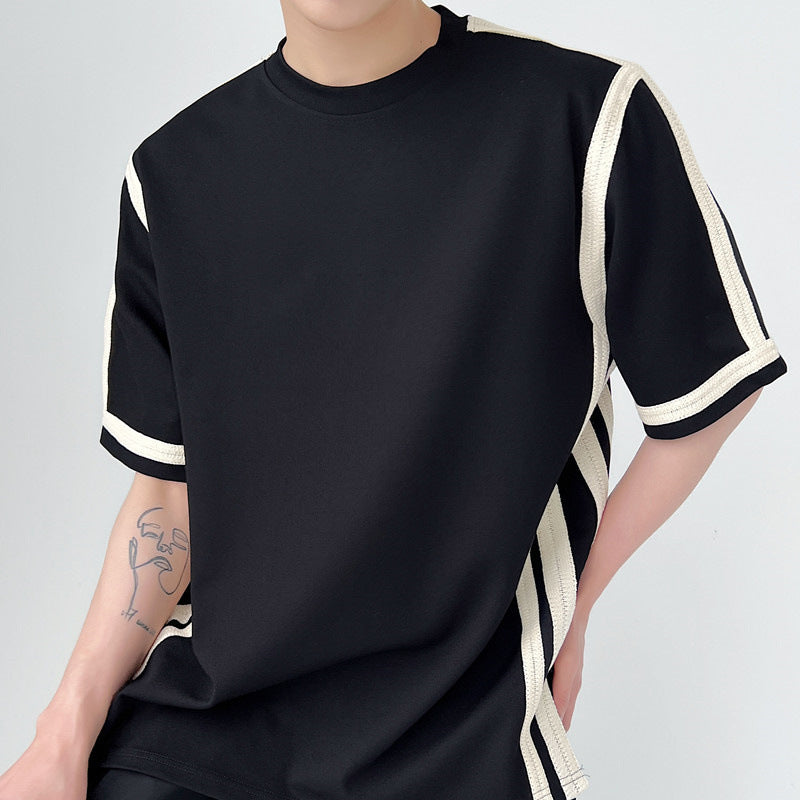 Black And White Paneled Contrast Web Stripe Short Sleeve T-Shirt