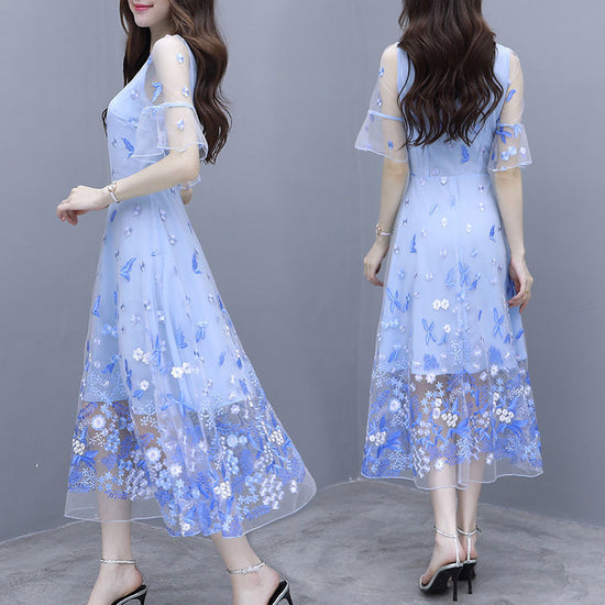 Women's Printed Ruffle Sleeve Mid-length Dress