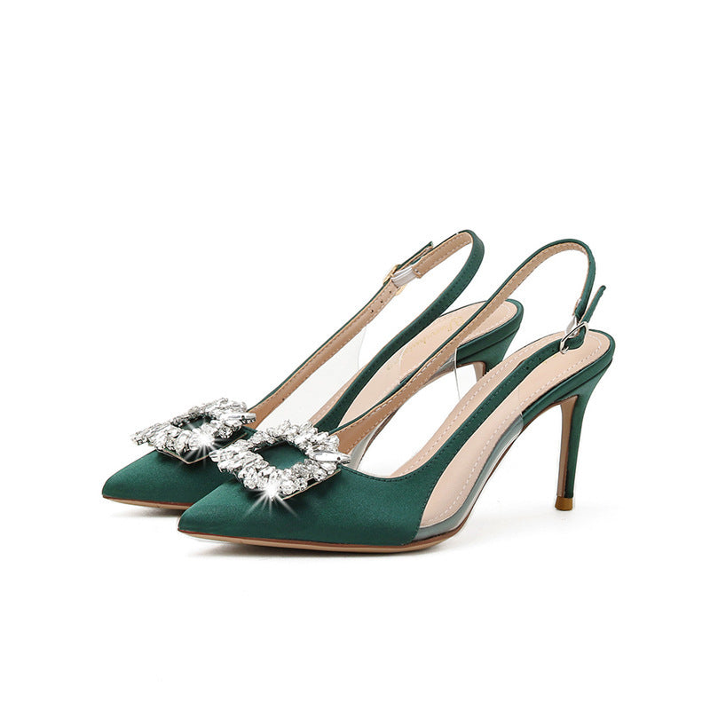 Stiletto Heel Satin Rhinestone Square Buckle Closed Toe Korean Style High Heels