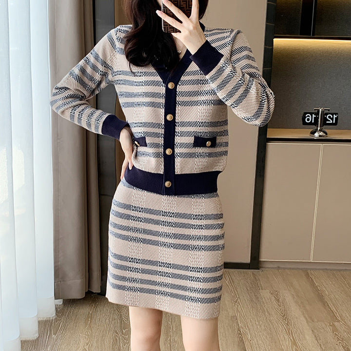 Autumn And Winter Classic Style Knitted Two-piece Suit Skirt Women's Cardigan Half-length Fashion Casual